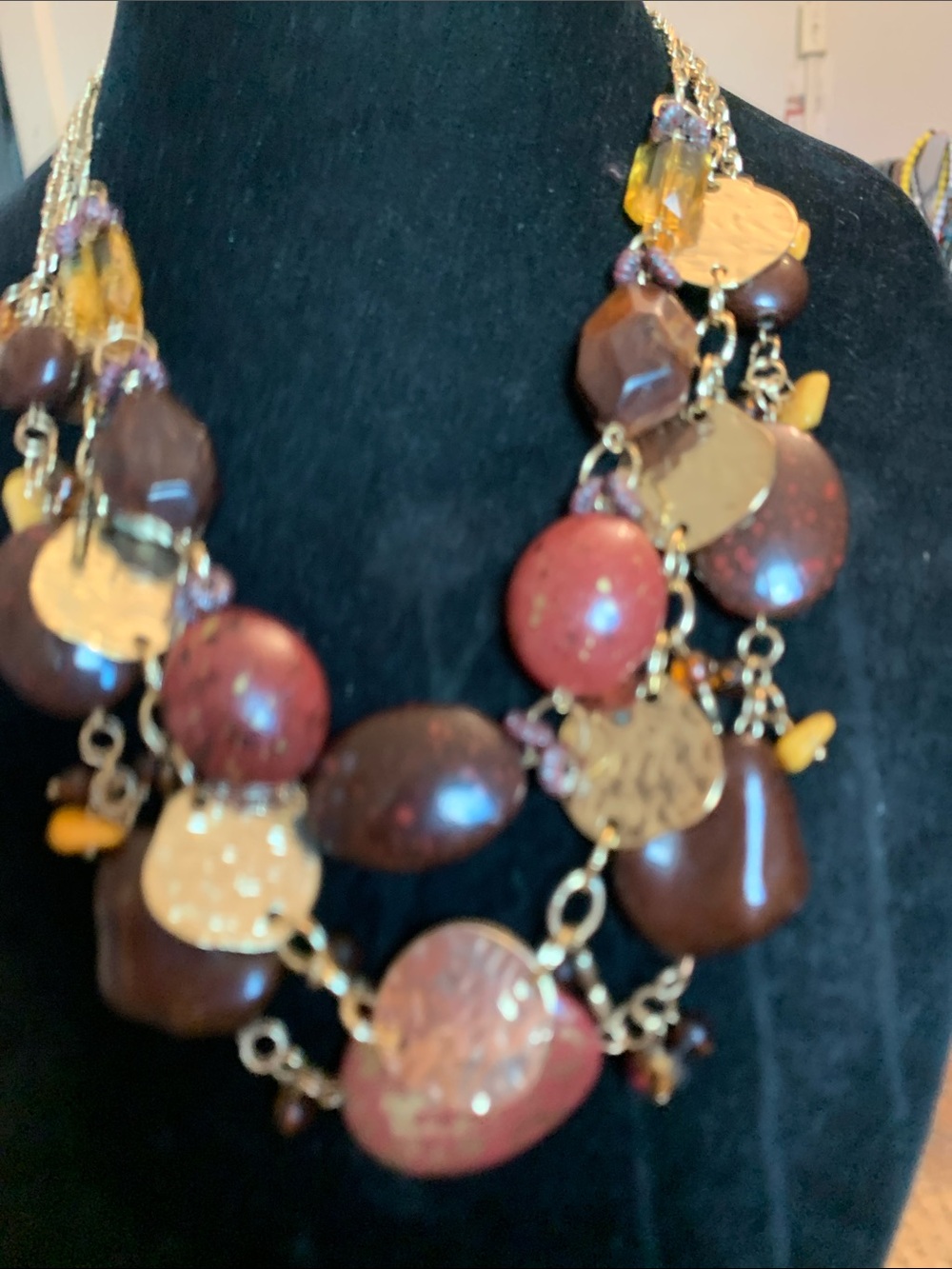 NWOT Gold-Tone Multi-Strand Brown & Red Statement Necklace